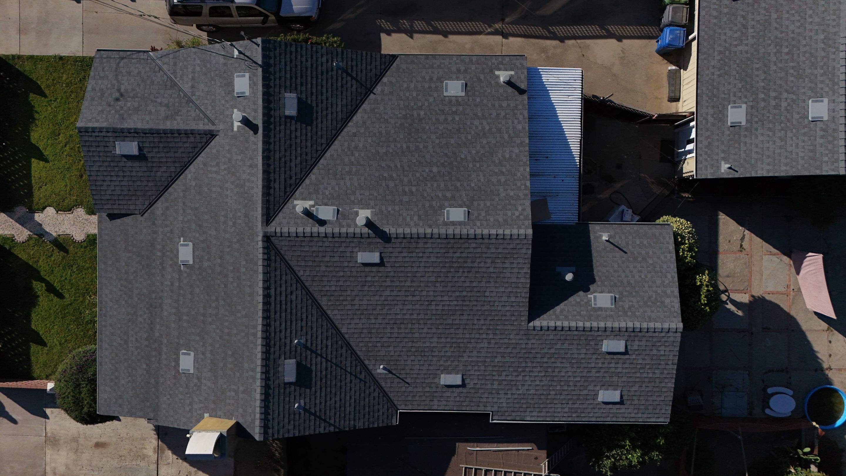 Completed roof replacement — finished aerial view