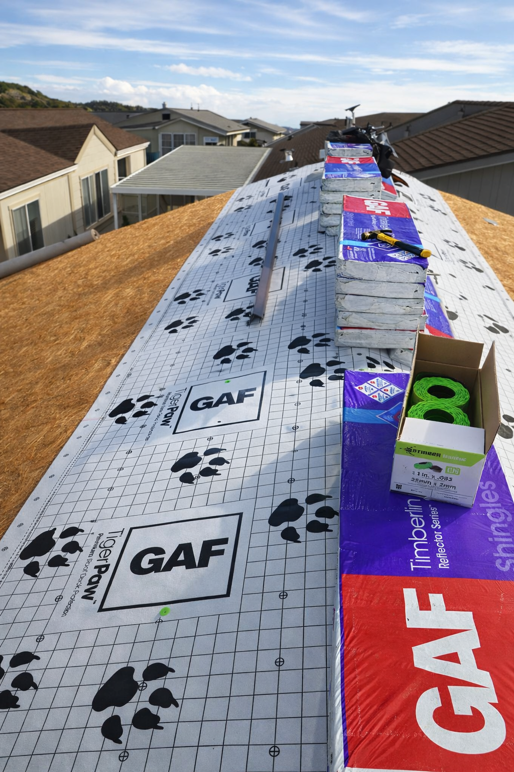 Premium underlayment and shingles staged for a roof replacement